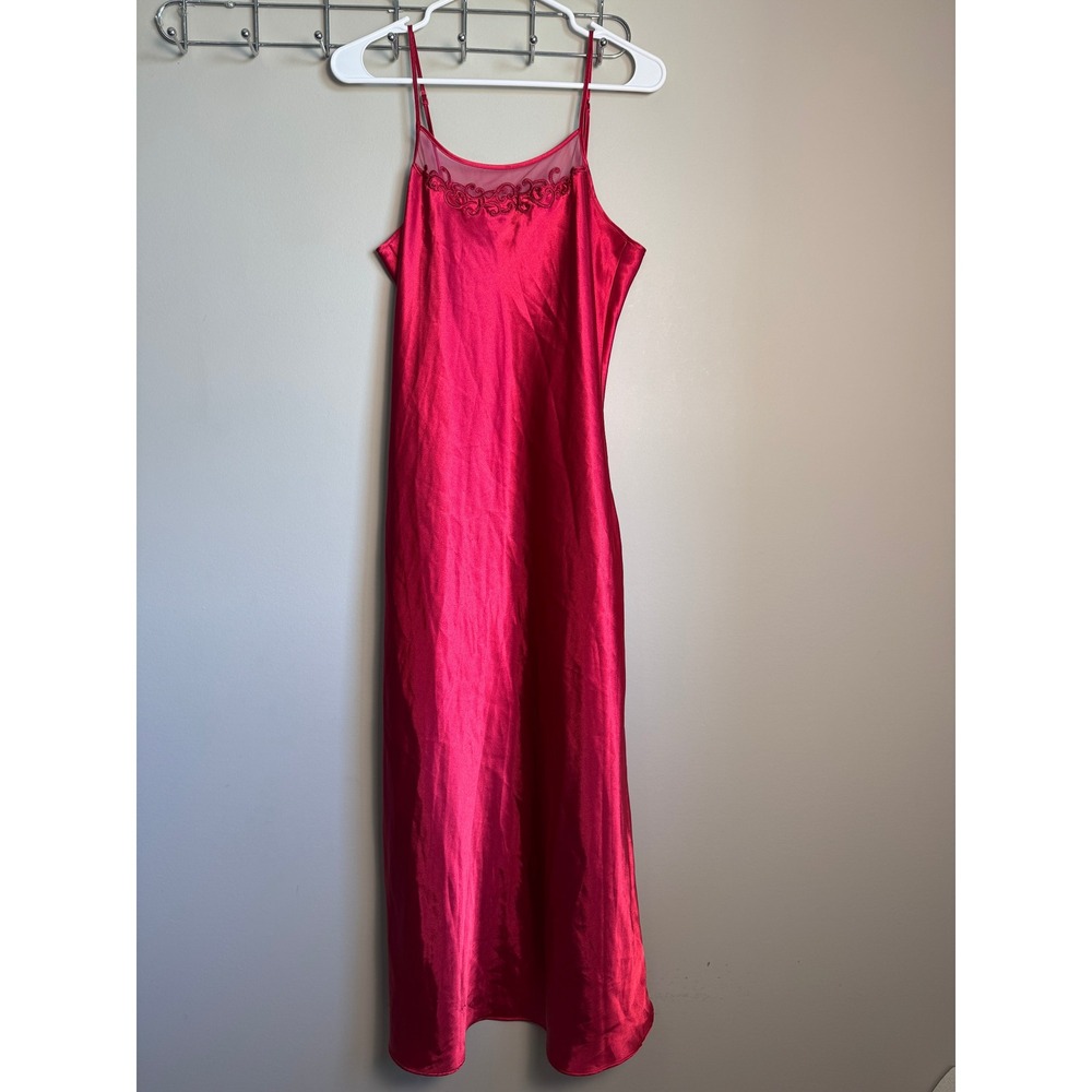 Premiere Collection Red Satin Nightgown M Embroidered Mesh Trim Maxi Slip Dress